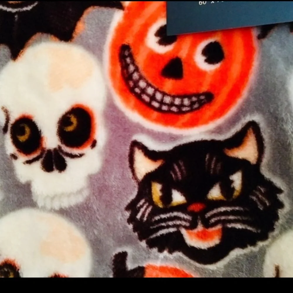Halloween Vintage Images Throw Blanket Black Cats Skulls JOL Pumpkins Bats Plush